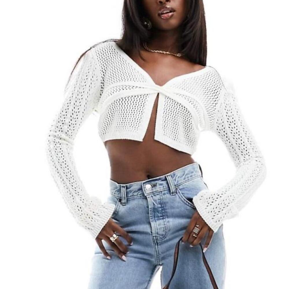 Kaiia - Exclusive cotton blend knit pointelle tie detail top / ivory / 14 / NWT